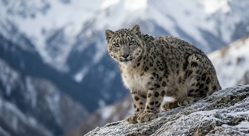Portretfoto van een sneeuwluipaard op een berg